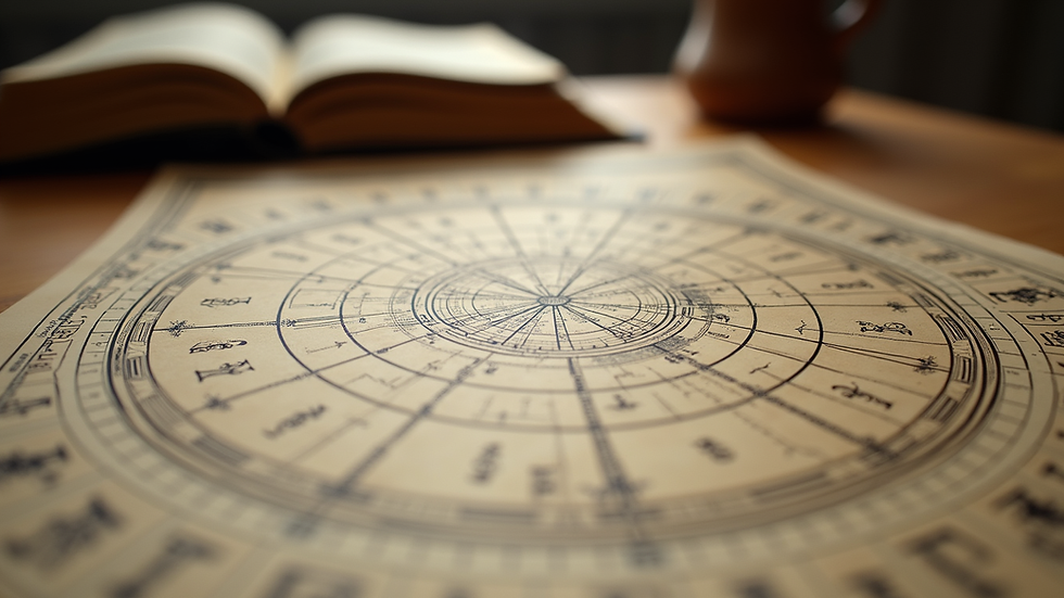 Close-up view of a detailed astrological chart on a wooden table