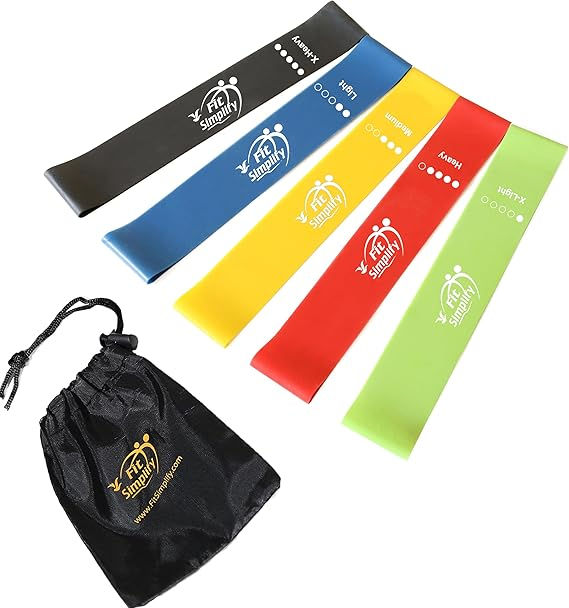 Set of five colorful resistance bands (black, blue, yellow, red, green) labeled by strength, with a black drawstring pouch nearby.
