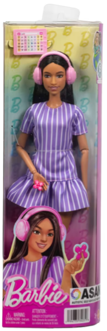 Barbie Fashionistas pop #245, Barbie met autisme in paars gestreepte jurk, met accessoires, 2026