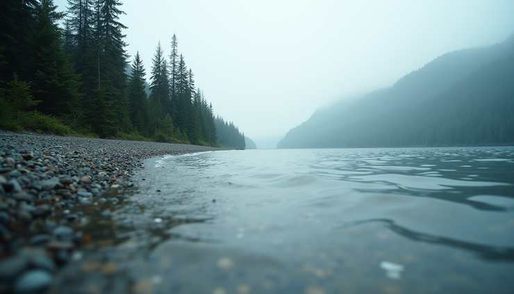 Eye-level view of a serene Alaskan shoreline with calm waters and dense forest in the background