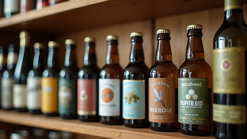 Eye-level view of a wooden shelf displaying bottles of craft beer and olive oil