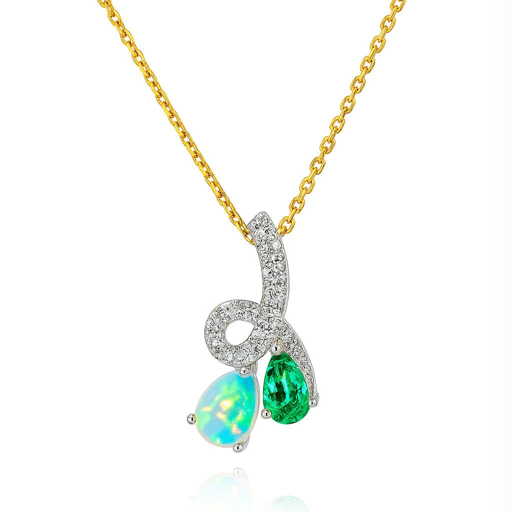 14ct white gold opal, emerald and diamond necklace with pear-shaped gemstones, a pavé diamond swirl and a yellow gold anchor