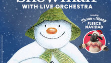 Poster for The Snowman with Live Orchestra, showing a smiling snowman in a green hat on a snowy blue background, 2026 tour.
