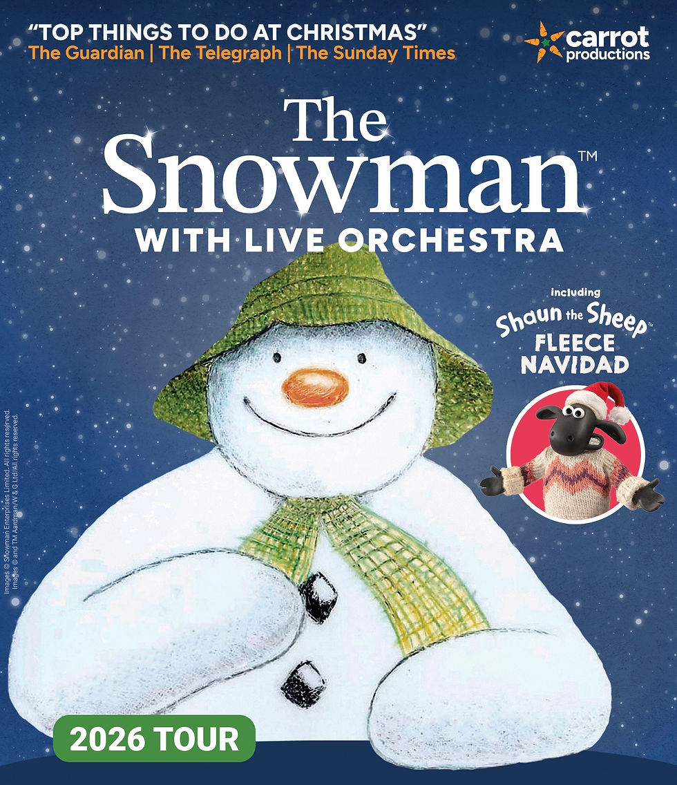 Poster for The Snowman with Live Orchestra, showing a smiling snowman in a green hat on a snowy blue background, 2026 tour.
