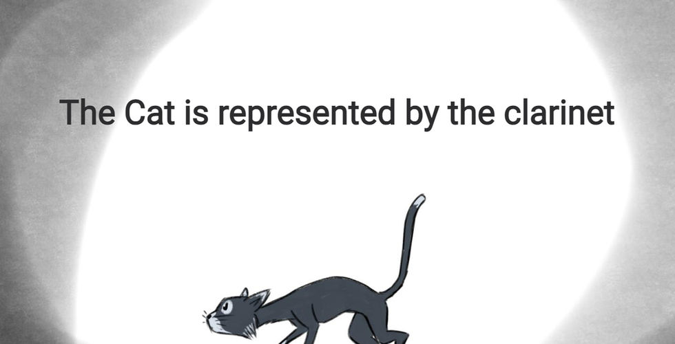 Cartoon of cat with text above saying The Cat is represented by the clarinets