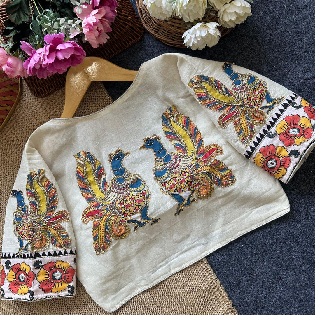 Off white hand work pure khadi cotton kalamkari printed readymade blouse