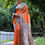 Thumbnail: Orange madhubani printed soft tussar silk saree