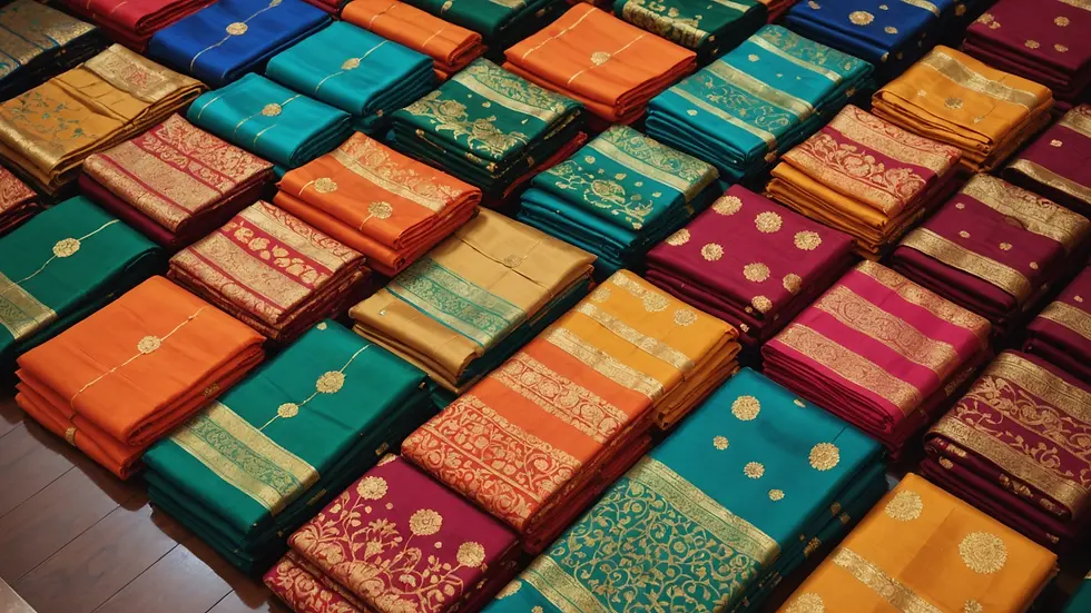 High angle view of neatly arranged sarees on display