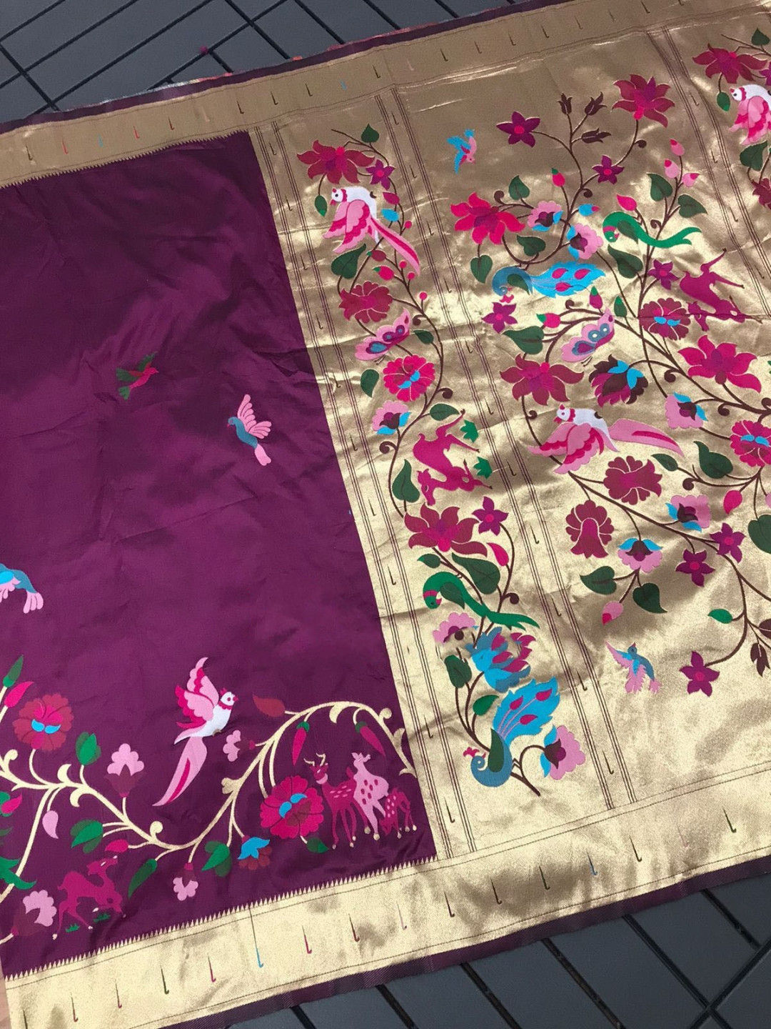 Wine paithani silk saree with zari weaving work