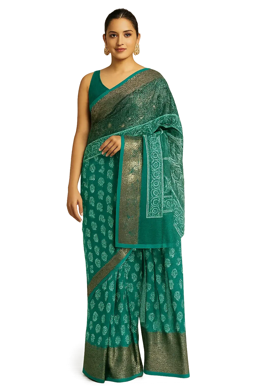 Chanderi Printed Sarees | Chanderi Printed Sarees - Turquoise Green Zari Bord...