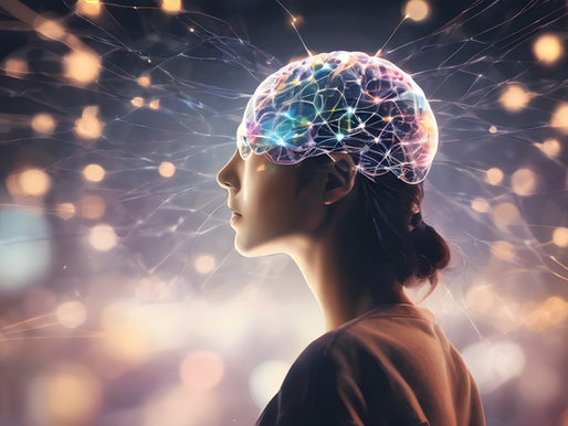 Profilo di donna con cervello trasparente e luminoso, con connessioni neurali evidenziate. Rappresentazione dell'asse intestino-cervello e dell'impatto del microbiota sulla qualità del sonno.