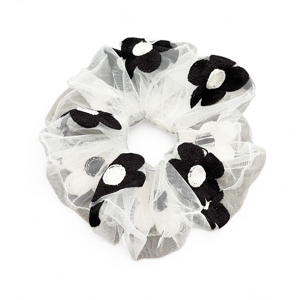 Thumbnail: Black and White Embroidered Mod Flower Scrunchies | 2 Sizes