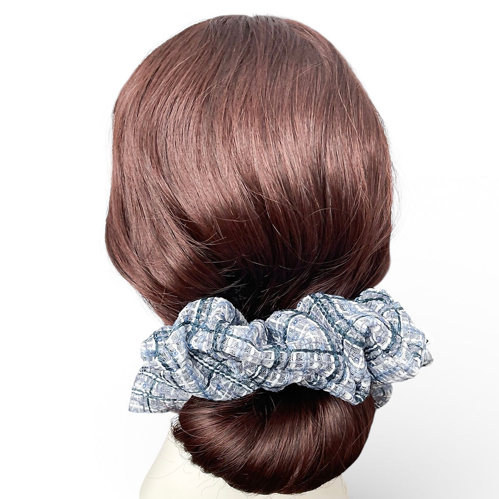 Thumbnail: Blue Embroidered Tweed Scrunchies | 2 Sizes | Oversized Hair Ties | Preppy Hair Tie | Statement Scrunchie | Gift for her