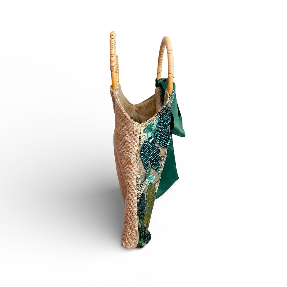 Thumbnail: Josephine Handbag in Green with a Silk Bow Scarf | Sequins and Embroidered Purse | Wood Handle Bag | Vintage Inspired