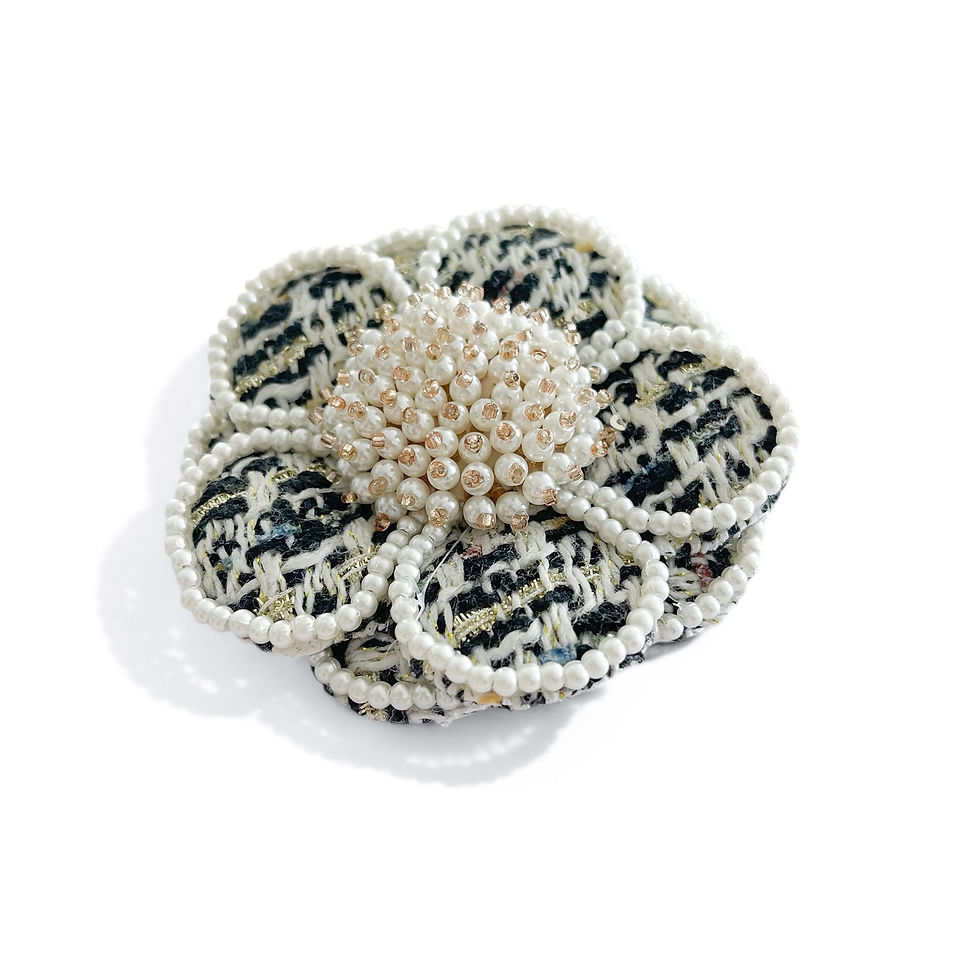 Thumbnail: large tweed flower pearls beaded brooch designer melissa velia