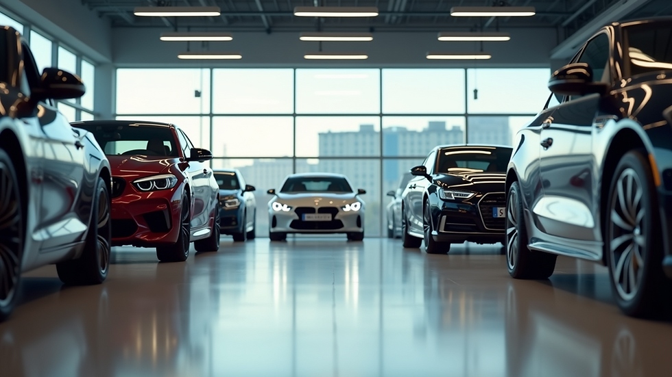 Eye-level view of a modern car showroom with various vehicles on display