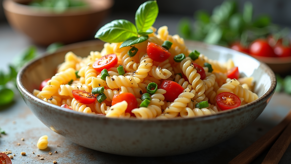 Wide angle view of a colorful pasta salad in a large bowl