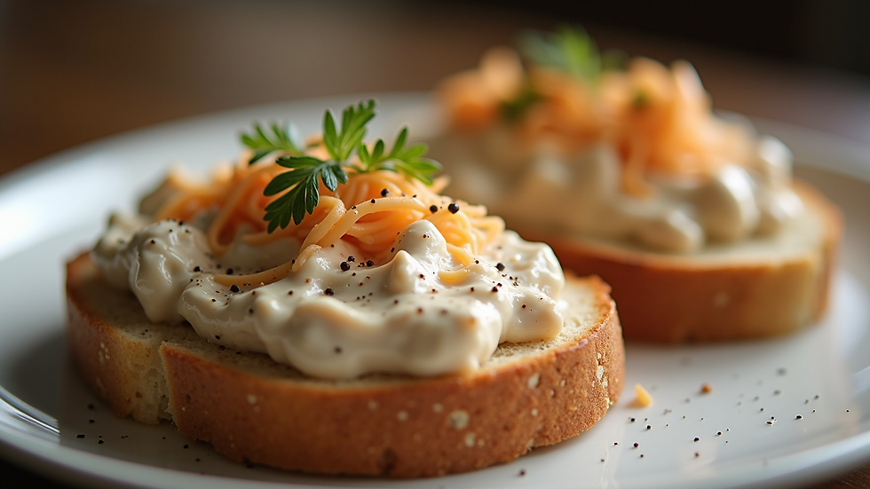 Close-up view of creamed turkey on toast garnished with pepper