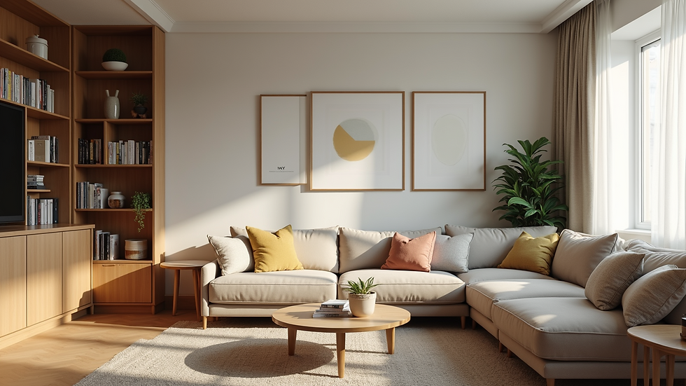 Eye-level view of a cozy living room with organized shelves and personal decor