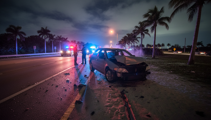 Vista amplia de patrullas junto a un vehículo dañado en una carretera de Florida de noche.