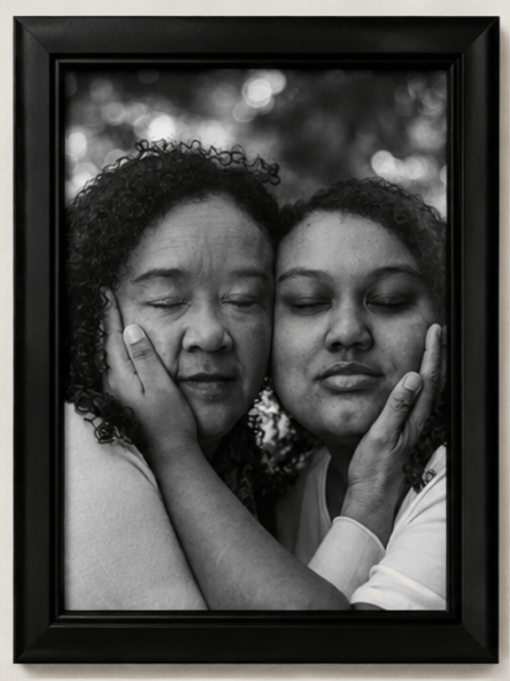 A gif shows a framed black-and-white photo: an older Black woman and a younger one press their cheeks together. They cup each other's outer cheek with their hand. The glass on the frame cracks over and over and over. 