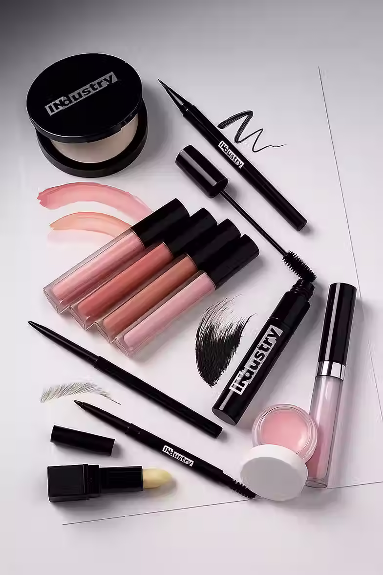 Professional INdustry makeup products including lip gloss, mascara, and cosmetic tools