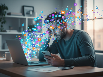 Άνδρας με κινητό και laptop βιώνει υπερφόρτωση από τα social media