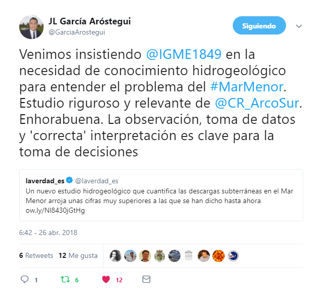 Twit @GarciaArostegi sobre Modelo Hidrogeológico @CR_ArcoSur