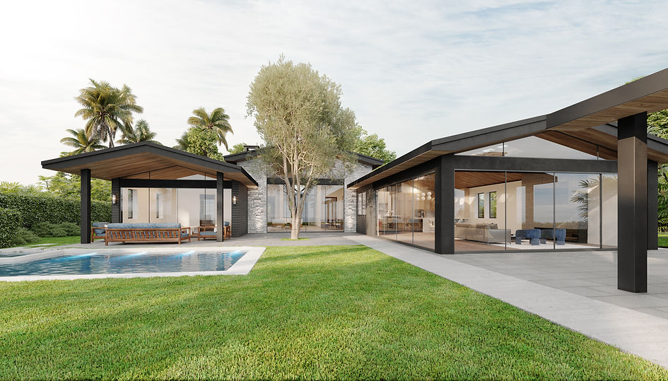Rear view of a Palos Verdes Estates home featuring a cabana and pool