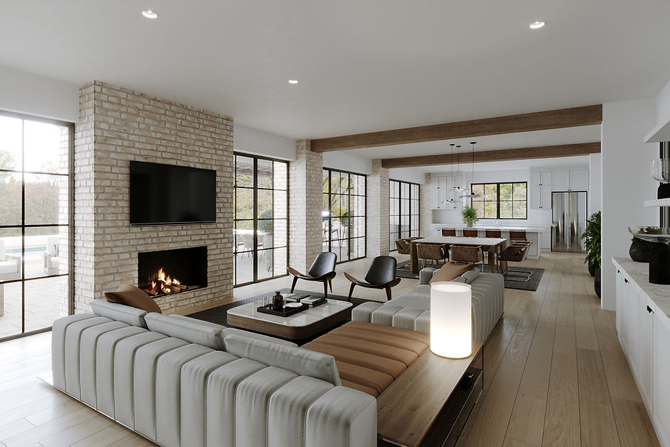An interior view of a great room, featuring a kitchen, living room and fire place all in one, located in Palos Verdes Estates