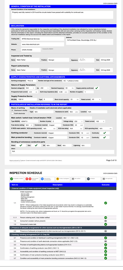 EICR completed to a professional standard detailing all aspects of the electrical installation