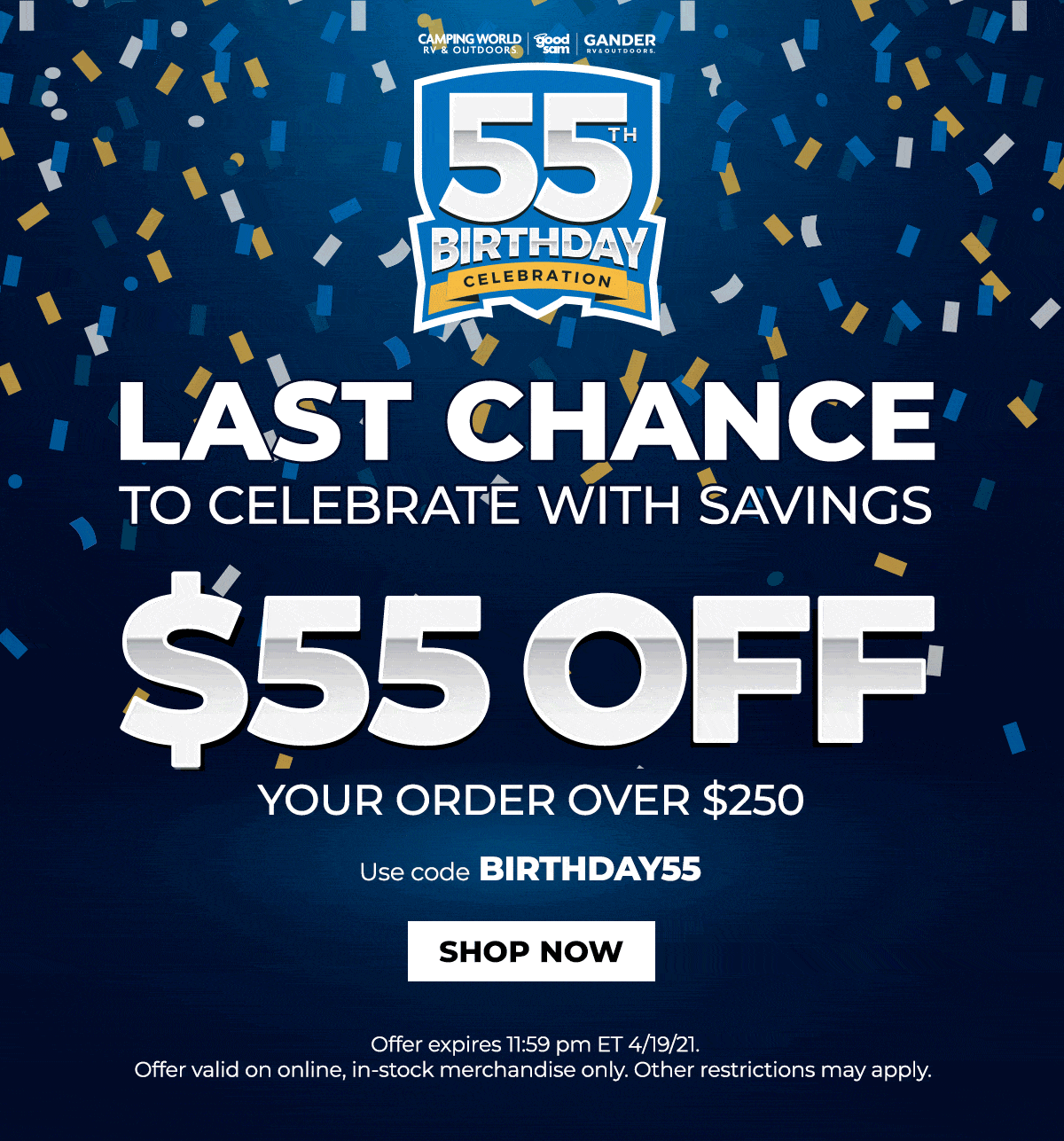 Camping World email, last chance to celebrate save $55
