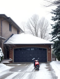A residential driveway, cleared of snow early in the winter season.