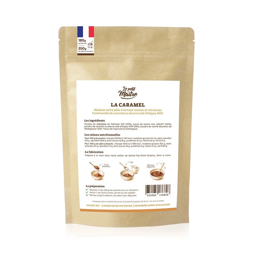 Miniature : Sachet de pâte à tartiner à la noisette bio du piémont au caramel au beurre salé d'Isigny AOP