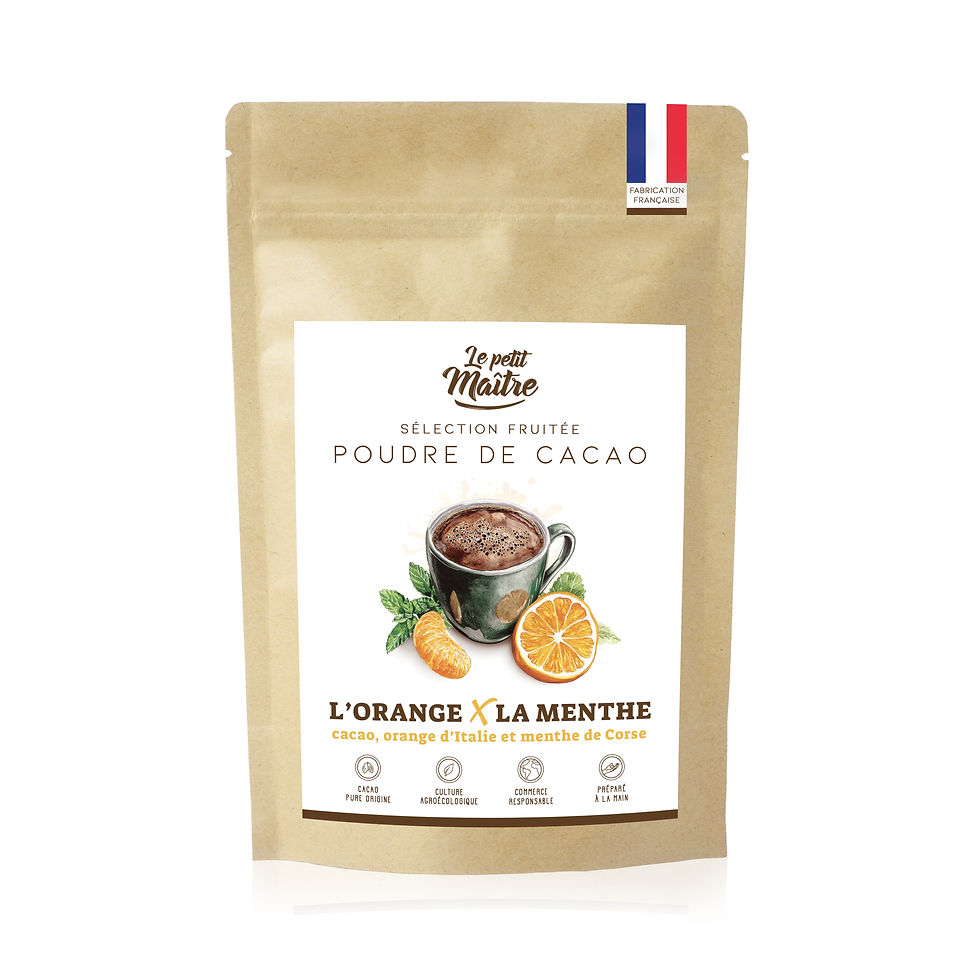 Sachet ce poudre de cacao à l'orange et à la menthe bio