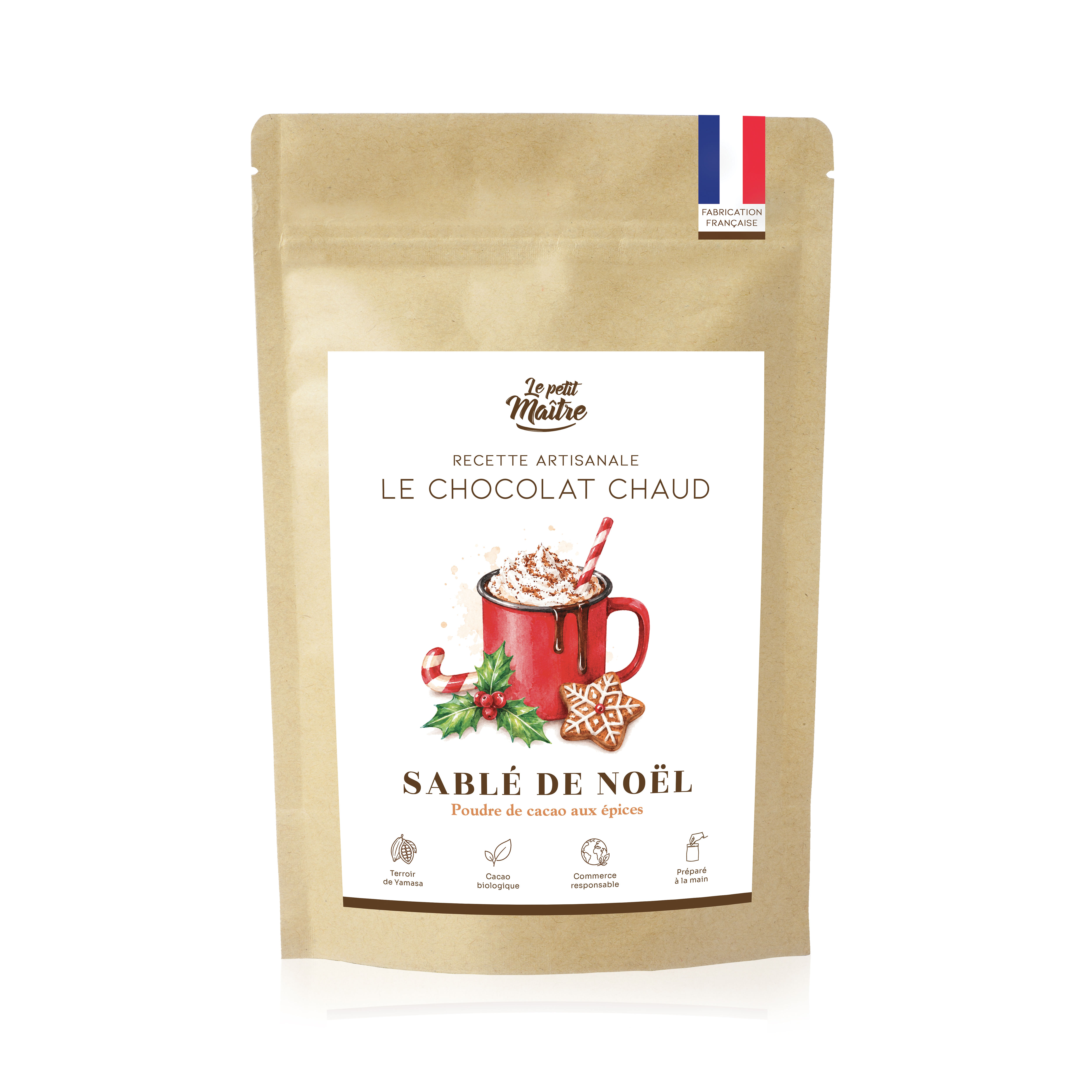 Sachet de poudre de cacao au goût de biscuit sablé de Noël