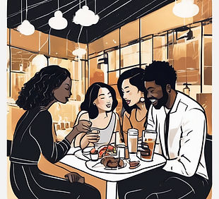 connection on a night out over food and drinks group of 4 white and black and asian ethnic