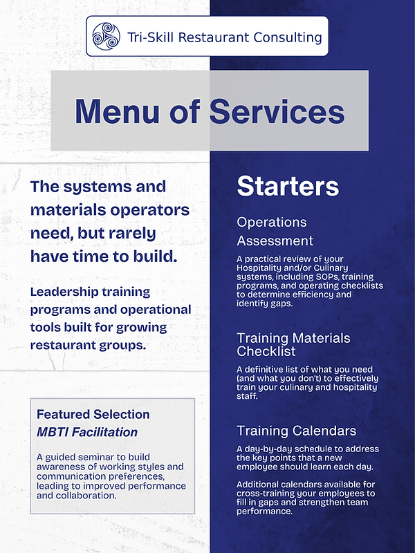 Tri-Skill Restaurant Consulting Menu of Services, page 1. Leadership training programs and operational tools for growing restaurant groups. Starters: Operations Assessment, Training Materials Checklist, and Training Calendars. Featured Selection: MBTI Facilitation, a guided seminar on working styles and communication.