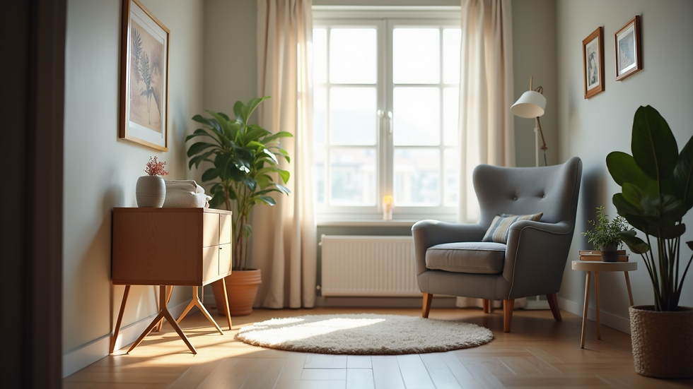 Eye-level view of a therapist’s office with a comfortable chair and soft lighting