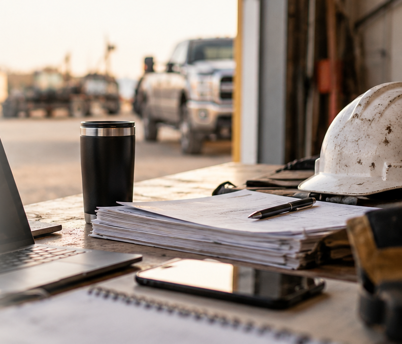 Contractor's work table with laptop, paperwork, hard hat and work truck in the background