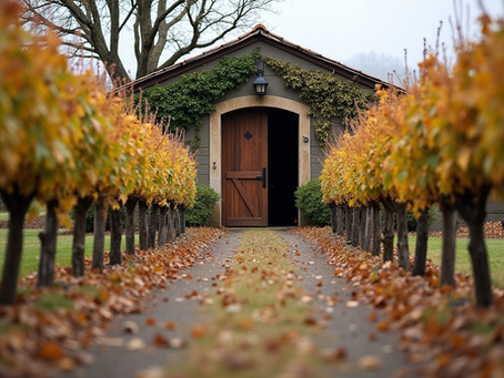 Eye-level view of a rustic cellar door entrance surrounded by winter vines in the Yarra Valley