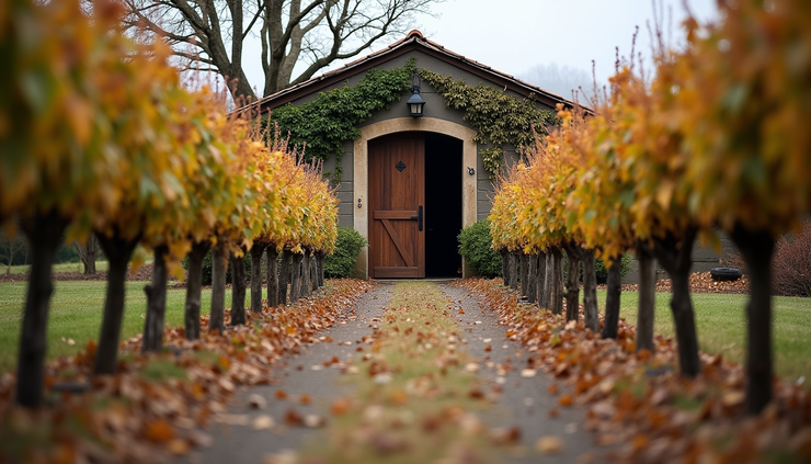 Eye-level view of a rustic cellar door entrance surrounded by winter vines in the Yarra Valley