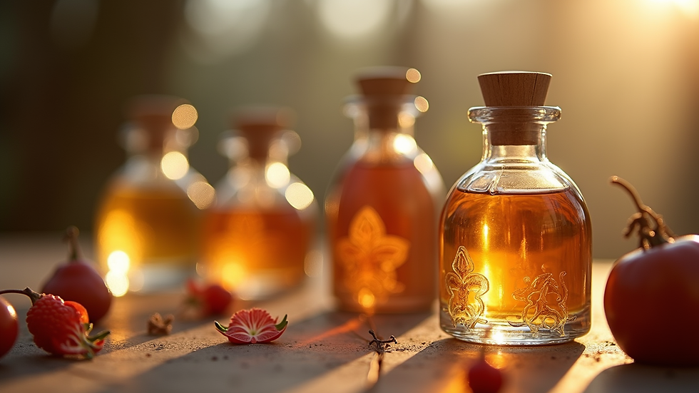 Close-up di bottigliette di profumi da bucato disposte ordinatamente