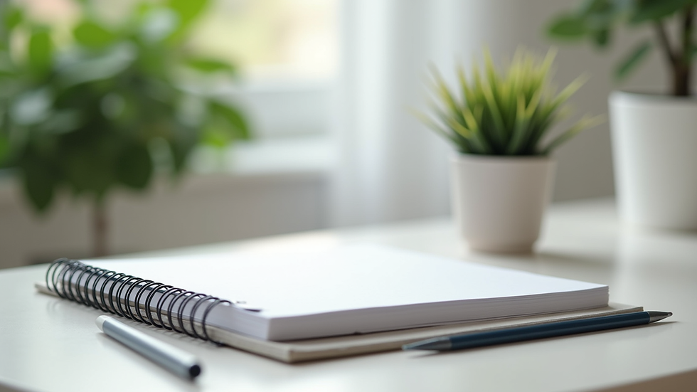 Eye-level view of a calm and organized workspace with a notebook and a plant