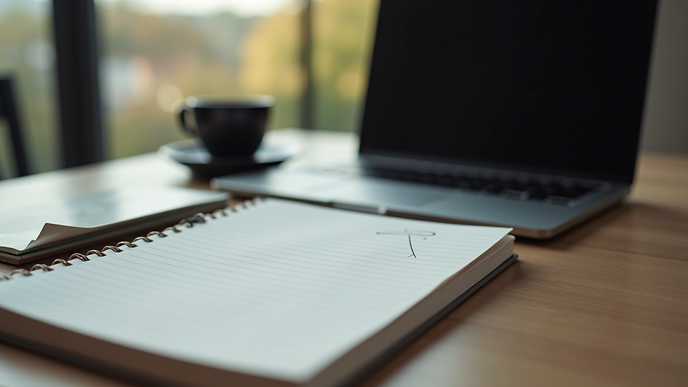 Eye-level view of a laptop on a desk with a notebook and a cup of coffee