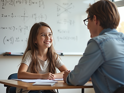 A young student sitting at a desk with a tutor, both smiling, with a whiteboard showing co
