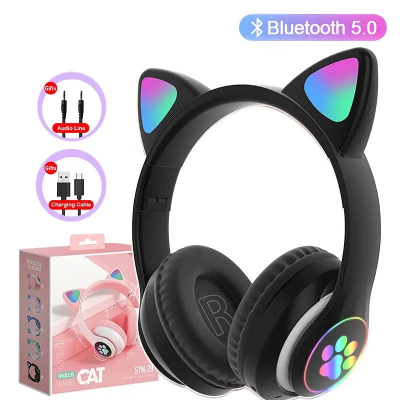 Thumbnail: Cute Cat Ears Bluetooth 5.0 Headphones with LED Flash Light
