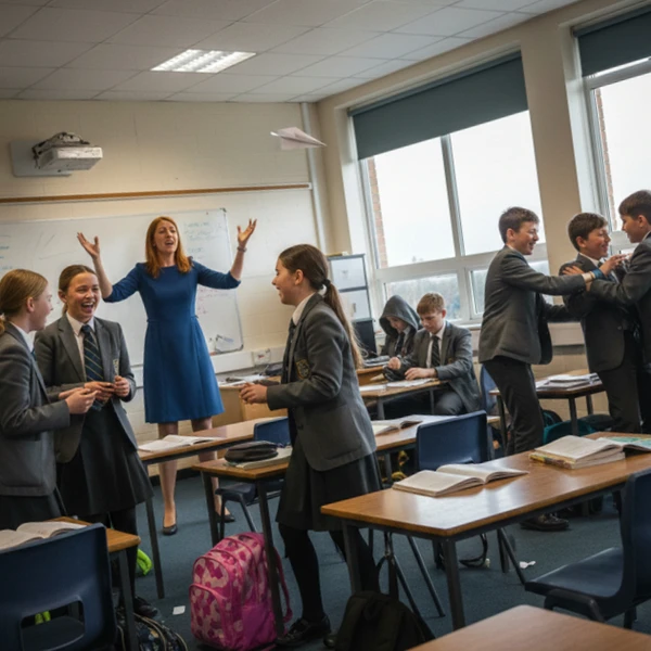 A teacher student in a UK classroom dealing with challenging students. This is an AI generated image