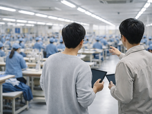 アパレルOEM生産における品質確認のため、iPadで生産ラインをチェックする縫製工場での打ち合わせ風景。