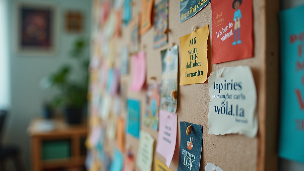 Eye-level view of a colorful vision board filled with inspiring images and words